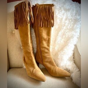 AMANDA Smith Christie Boots Tall Fringe High Heels Camel Suede Size 9